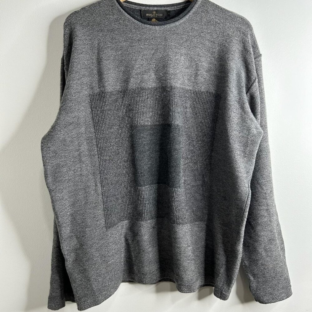 Bugatchi Uomo Sweater Mens Large Gray Merino Wool Crewneck Textured‎ Block Knit
